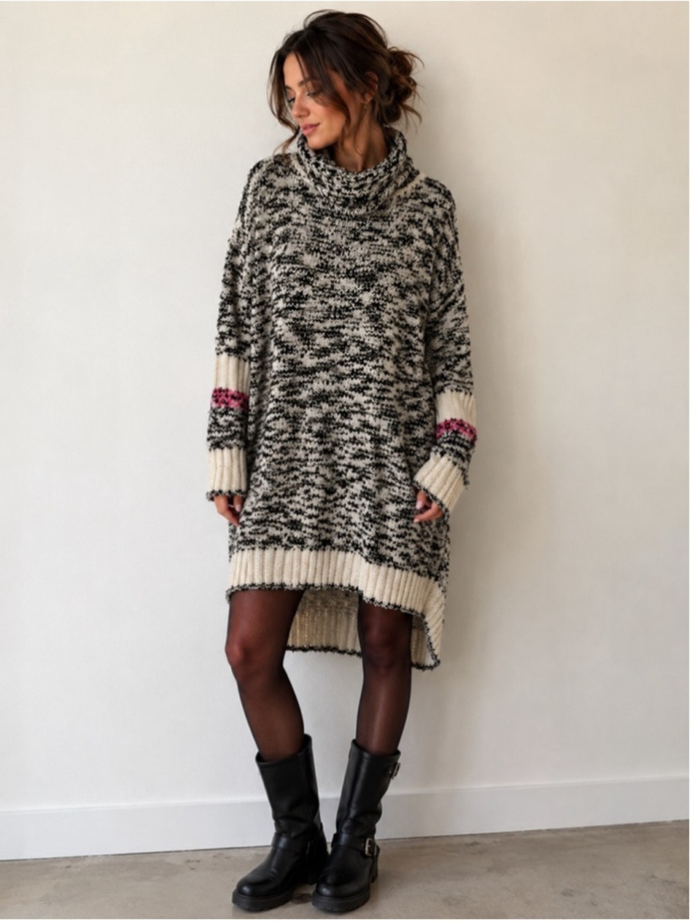 Pull&Bear Black & White Marled Turtleneck Sweater Dress with Pink Accents